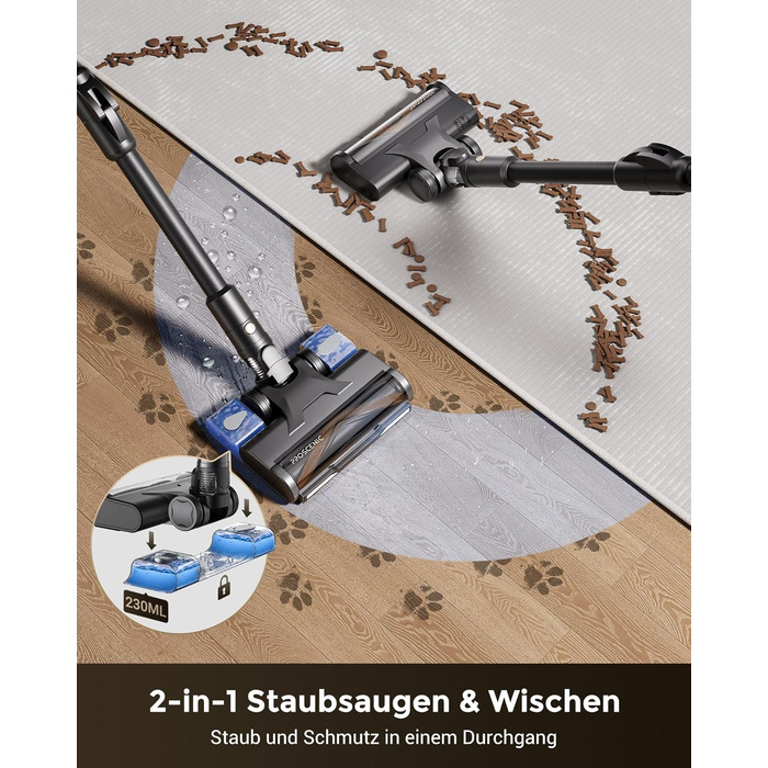 Бездротовий пилосос Proscenic P20 з функцією миття, 70KPa, 70 хв, 680W, самостійна док-станція, фільтр 6 шарів, 1,5л, для килимів та шерсті домашніх тварин, Aurum Black