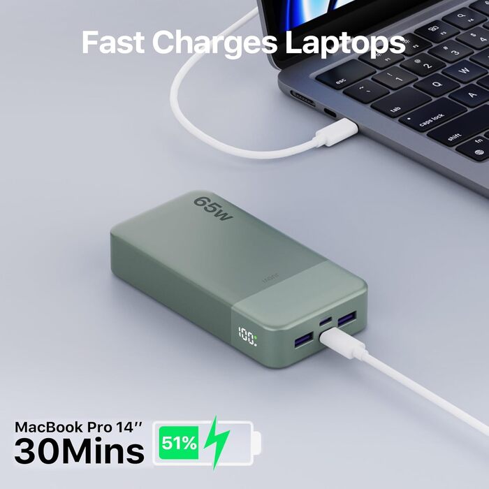 Power Bank JUOVI 65W, 20000mAh: зарядний пристрій для ноутбука та телефону з 2 USB-C та 2 USB-A портами, сумісний з MacBook, iPhone, Samsung та іншими пристроями (зелений)