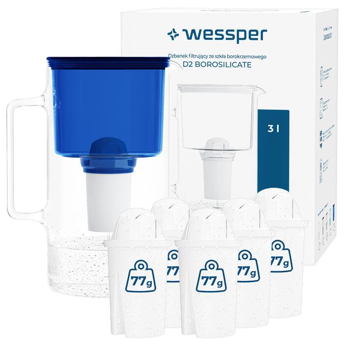 Скляний фільтр-кувшин Wessper D2 BOROSILICATE 3л, синій + 6 фільтрів
