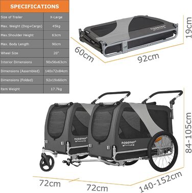 DOGGYHUT® Преміум XL 2в1 велопричіп та візок для собак 23-45 кг, сірої
