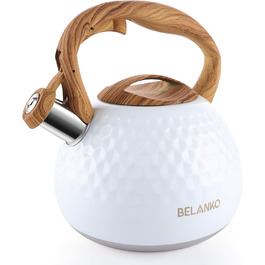 Чайник BELANKO Teekessel 2.7л з нержавіючої сталі з дерев'яною ручкою, гучний свисток, для плити, індукції, діамантовим дизайном, чорний (глянцевий білий)