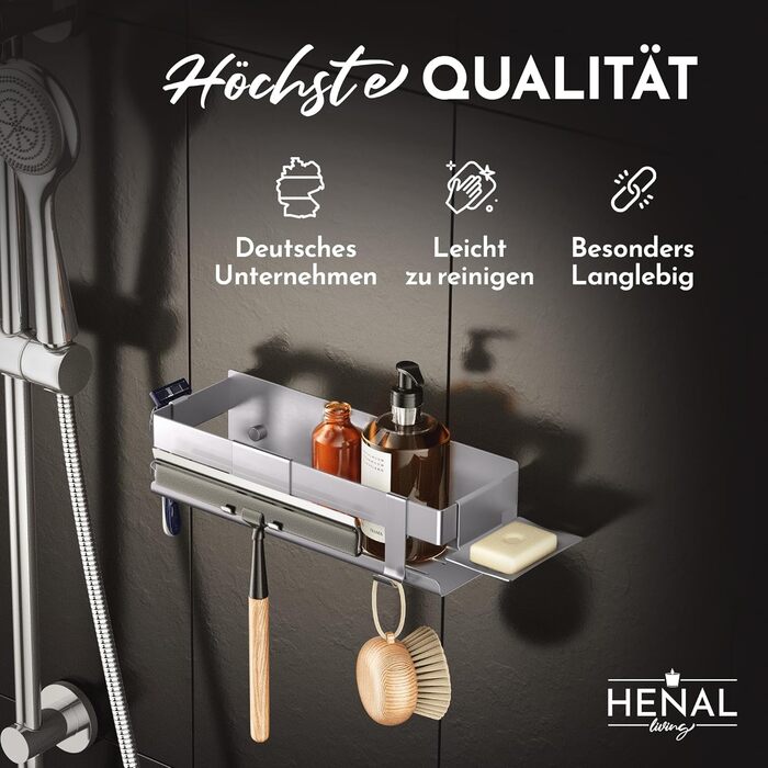HENAL Shower Shelf Set 5 in 1, Brushed Stainless Steel Shower Shelf without Drilling, Shower Shelf including Razor Holder, Squeegee Holder, Soap Dish & Hook, XXL Bathroom Organizer