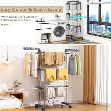 Сушарка для білизни 4-ярусна великої місткості з роликами, стабільна з нержавіючої сталі, для дому/на вулицю, сірого та чорного кольорів