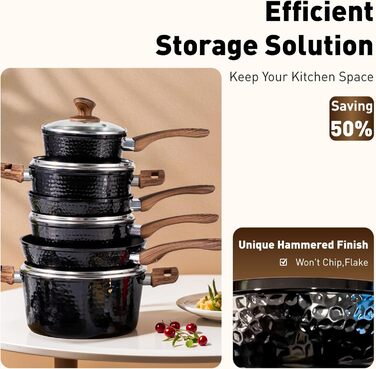 Набір посуду DishDelight 15 предметів: каструлі та сковороди з антипригарним покриттям, індукційні, з граніту, чорного кольору