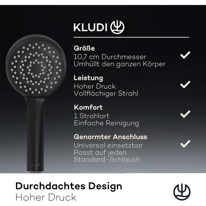 KLUDI-X1 Universal Shower Head with Hose, optional showerhead for water-saving use with 3 spray patterns (Body, Hair, Skin), easy-to-clean shower head Ø 10.7 cm, shower hose 1.60 m (Matte Black, 1 spray pattern)