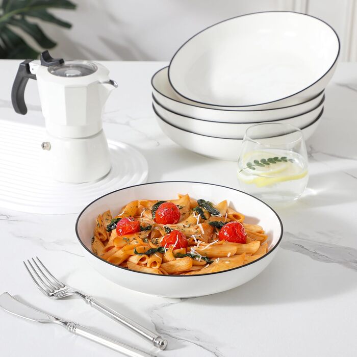 MALACASA Набір посуду 6 предметів: тарілки для пасти, супу, салату, сервірування. Глибокі тарілки для спагеті, велика супова миска. 1250 мл, білий з чорним обідком. Кераміка, преміум якість.