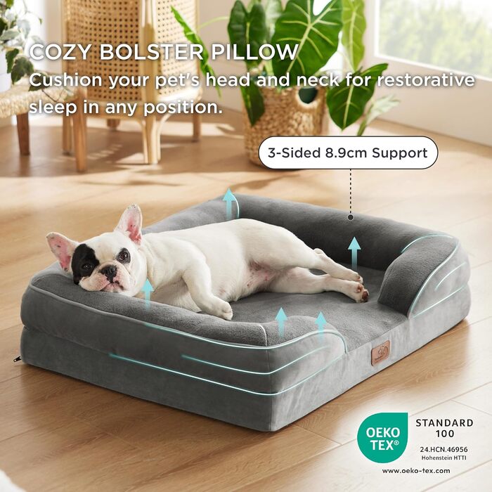 Ортопедичне ліжко для собак BEDSURE - 71x58 см. М'яке ліжко-софа для маленьких собак з ефектною формою, сірого кольору. Зручне, миюче, з антиковзким покриттям. Розміри: 71 x 58 x 17 см.