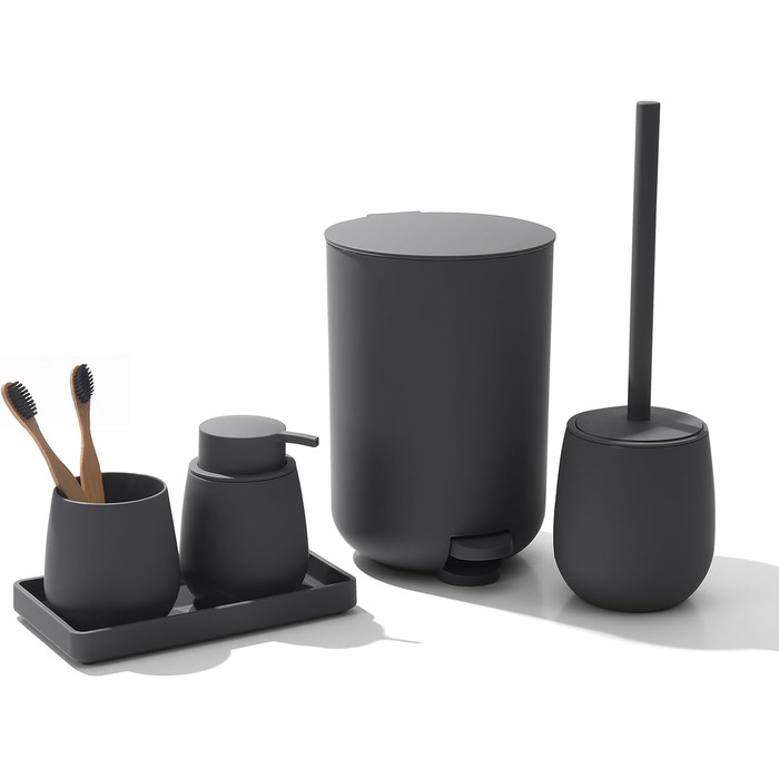 Набір для ванної кімнати AJEUNGAIN, сірий, 5 предметів: відро для сміття, тримач для туалетного паперу, диспенсер для мила, стакан для зубних щіток, піднос.