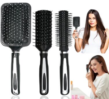Набір гребінців для волосся 3 шт. з круглими щітками (радіальні) та щіткою з отворами для провітрювання, для розчісування мокрого та сухого волосся, для жінок, чоловіків, дітей
