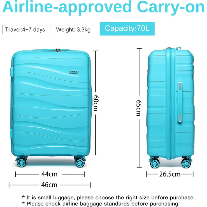 KONO Чемодан середнього розміру 65см з поліпропілену, з TSA замком, 65x46x26.5см (Крем-білий)