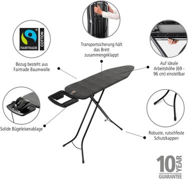 Гладильна дошка Brabantia Bügelbrett B, 124 x 38 см, Denim Black – 100% Fairtrade-бавовна, стабільна, регульована висота, з відсіком для праски