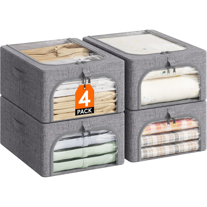 Lifewit 4-Pack Clothes Storage Containers with Metal Frame, Foldable Storage Box with Lid, 25L Stackable Storage Bags Fabric Containers Organizer with Clear Window, Sturdy Handles