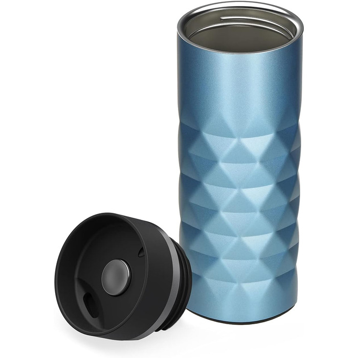 Термокружка Diamond з нержавіючої сталі 450 мл, Aquamarin Blue, з кнопкою, без BPA, витримує гарячі та холодні напої, витікання захищено, матова блискуча поверхня