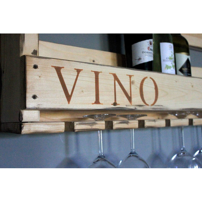 Wooden Wall-Mounted Wine Rack - with Glass Holders and VINO Signage - Flamed - Fully Assembled - Shelf for Wine Bottles and Glasses (Rust-Look)