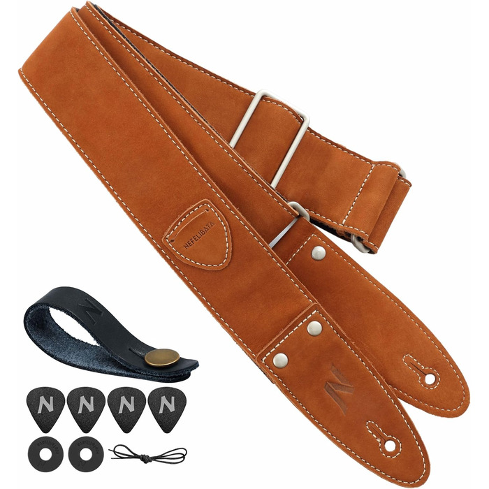 Гітарний ремінь Nefelibata з повного нубуку, з кишенькою для медіатора, для бас-, електро- та акустичної гітари, з медіаторами, кнопками та замками (Star Black) (Bc#-Coffee Brown)