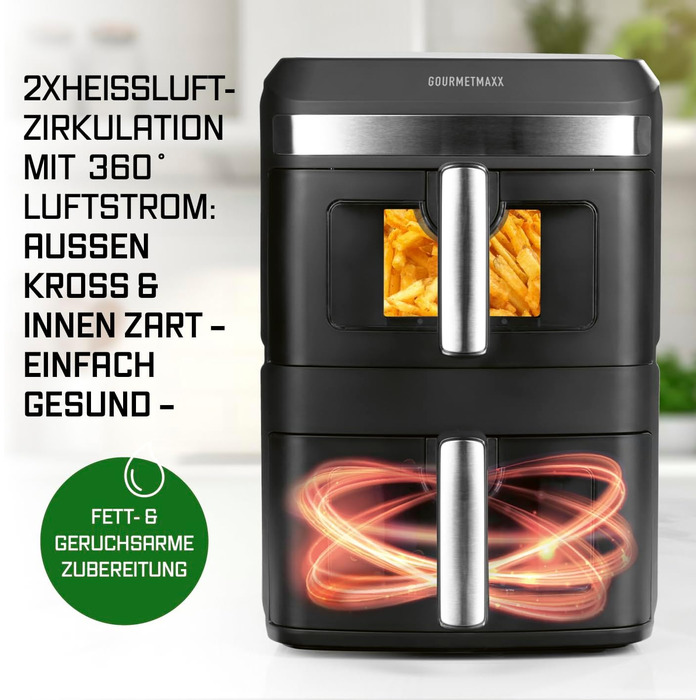 Фритюрниця повітряна Gourmetmaxx AirGenius 9 л (2 x 4,5 л) з 8 програмами | 2 камери для приготування 2 страв одночасно | Сенсорний дисплей | Для 8 осіб