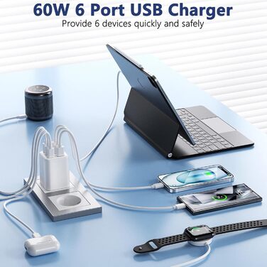 Зарядний пристрій USB-C 60W, 6 портів (3x USB-C, 3x USB-A), PD+QC швидка зарядка, адаптер живлення для iPhone 14/15/16/17, Samsung S24/S23/S22 - Білий