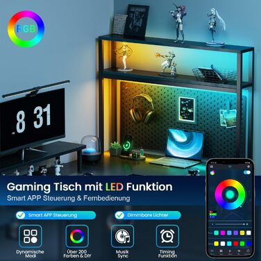 Ігровий стіл кутовий 150x100 см з 3 розетками та 2 USB, реверсивний, з LED підсвічуванням, з ящиками та підставкою для монітора, чорний