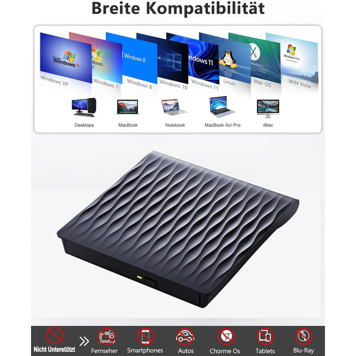 Зовнішній DVD CD привід DANGZW USB 3.0 Type-C, портативний DVD-записувач та плеєр для ноутбука та ПК, сумісний з Windows, Linux, MacOS, матовий чорний