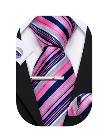 Комплект краватки та хустинки Hi-Tie класична чоловіча весільна, рожева в смужку з квітами
