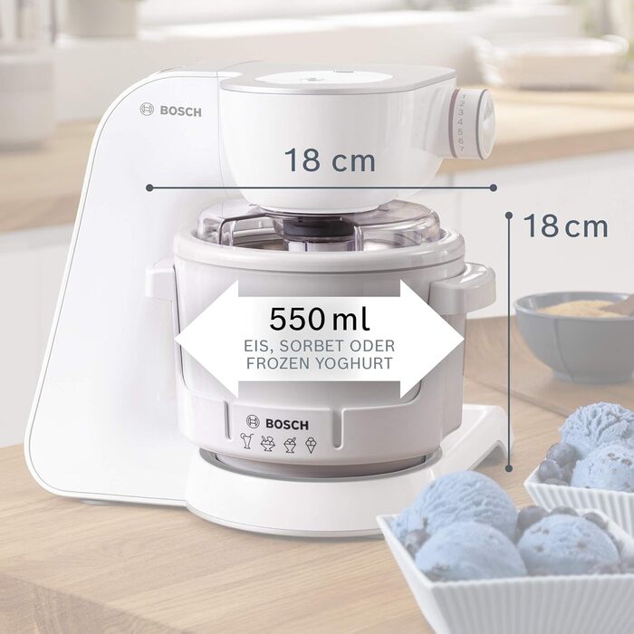 Bosch Kitchen Machine Series 4 MUM5XW20, 3.9 L Stainless Steel Bowl & MUZ5EB2, 550ml, Homemade Ice Cream, Sorbet, and Frozen Yogurt, White, Compatible with Kitchen Machine Series 4 White / Champagne 2-Piece Accessory Bundle with Ice Cream Maker
