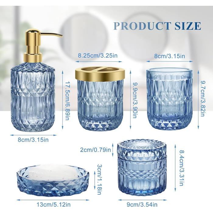 Набір аксесуарів для ванної кімнати 5 предметів, чорний дозатор для мила та лосьйону, мильничка, підставка для зубних щіток, стаканчик, склянка для ватних паличок, прозорий скляний бокс (Синій)