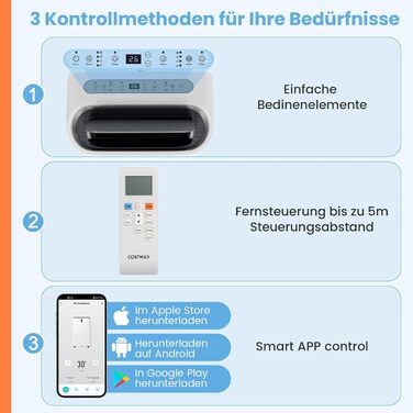 Мобільний кондиціонер COSTWAY 14000 BTU з виносним шлангом. 5-в-1: охолодження, обігрів, осушення, вентиляція, нічний режим. Для приміщень до 135 м³, пульт/додаток, таймер 24h, 4100W, ≤57dB, білий