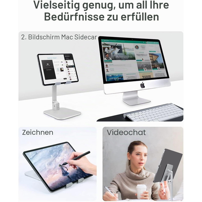 Алюмінієва підставка для iPad та планшетів Elitehood, регульована висота та кут нахилу, складана тримач-підставка для iPad Pro 12.9, Air, Mini, Samsung Galaxy Tab (4-13 дюймів), срібляста