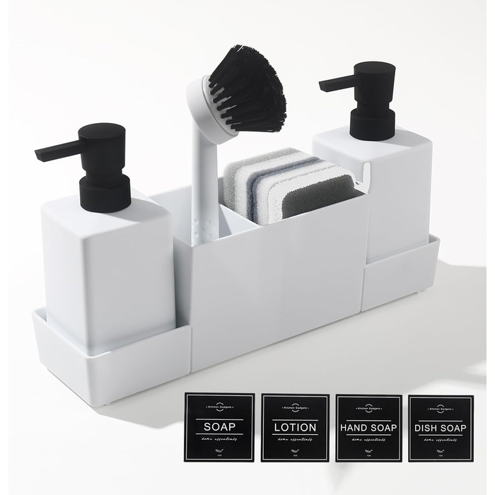 Dish Soap and Hand Soap Dispenser Kitchen Set with Sponge Holder and Brush, Dish Soap Dispenser Kitchen Black, Soap and Dish Soap Dispenser Set Kitchen Gadget Sink Organizer with Soap Dispenser (White, 4 in 1)