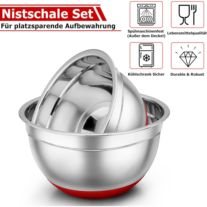 TEAMFAR Mixing Bowl Set, 7-Piece Stainless Steel Bowl Salad Bowl Set with Airtight Lids and Silicone Bottom, Nesting & Dishwasher Safe, 0.7L / 1.2L / 1.5L / 2.5L / 2.8L / 3.5L / 6.5L, red