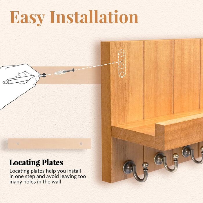 Дерев'яне ключниця з полицею, 5 гачків, для прихожей, вітальні, спальні - жовтий колір
