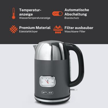 Електричний чайник зі сталі Muse Retro з аналоговим термометром, фільтром, прозорою шкалою, об'ємом 1,7 л, автоматичним відключенням, матовий золотий (MS-030 BC) (Сірий)