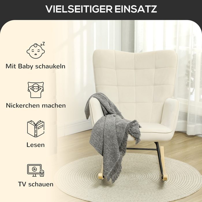 HOMCOM Rocking Chair, Rocking Armchair with Velvet Look, Armrests, Chair with Wooden Sleigh Runners, Relaxing Chair for Living Room, Bedroom, Beige | Aosom