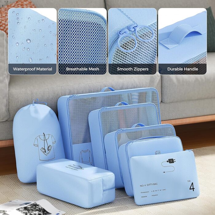 Організатор для валізи Yomisee, набір з 7 частин: Packwürfel Set, сумки для одягу в подорож, органайзер для валізи (блакитний)