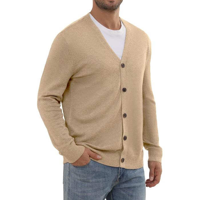 Чоловічий в'язаний кардиган вінтажного стилю з ґудзиками, з довгим рукавом, V-подібний виріз, легкий та теплий на осінь/зиму, бежевий, розмір M