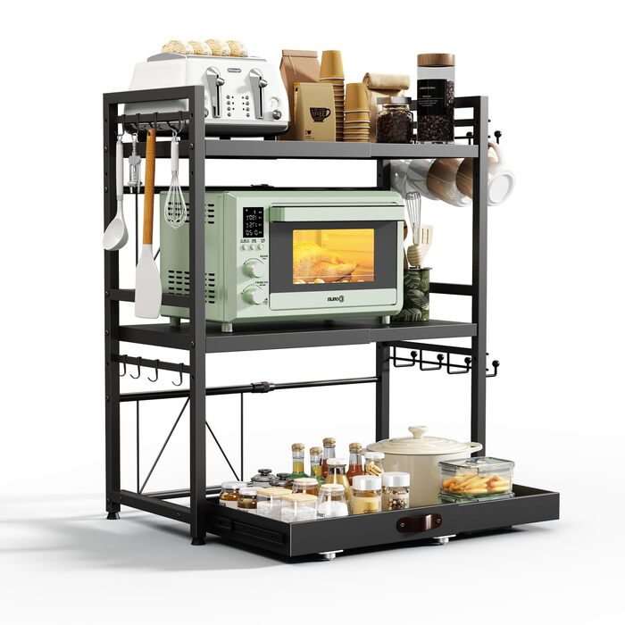 Регульована мікрохвильова полиця NETEL 2-ярусна, полиця над мікрохвильовою піччю, підставка для мікрохвильовки, кухонна полиця для стільниці, полиці для випічки, кухонна полиця з тримачем для напоїв та кошиком, чорна, висувна 40-60 см (3-ярусна з 2 тримач