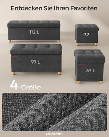 Складаний пуф SONGMICS зі сховищем, 38x38x40 см, до 300 кг, шкіряний, шифр-графіт, для вітальні, спальні