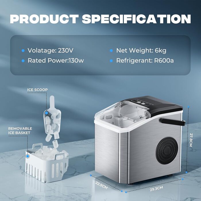 Машина для приготування льоду Klein, 130W, 15 кг/24 год, самоочищення, з лопаткою та кошиком, 2 розміри кубиків, для кухні