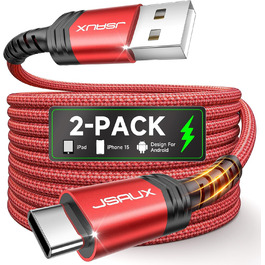 Кабель USB-C JSAUX 3.1A (2 шт. по 2м), 2 шт., червоний, для Samsung Galaxy, iPhone, PS5, CarPlay, нейлон, швидка зарядка
