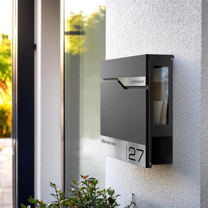 Поштовий ящик Metzler® з газетницею та табличкою з нержавіючої сталі V2A, стійкий до іржі, сучасний дизайн, 10 років гарантії на запчастини, опції монтажу та аксесуари, колір Eisenglimmer Db 703