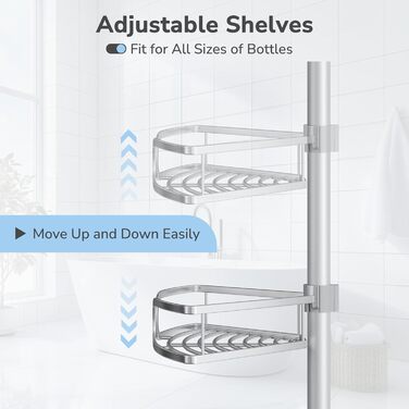 USHOWER Кутова шторка для душу з регульованою штангою, 4-ярусна, з органайзером для шампуню та мила, нержавіюча сталь, 130-307 см, срібляста