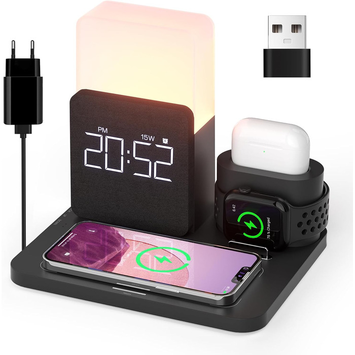 Бездротовий зарядний пристрій COLSUR 3 в 1: зарядка, нічник, будильник. Підходить для iPhone 16/15/14/13/12/11/X/8 Pro Max/Mini/Plus (Чорний)