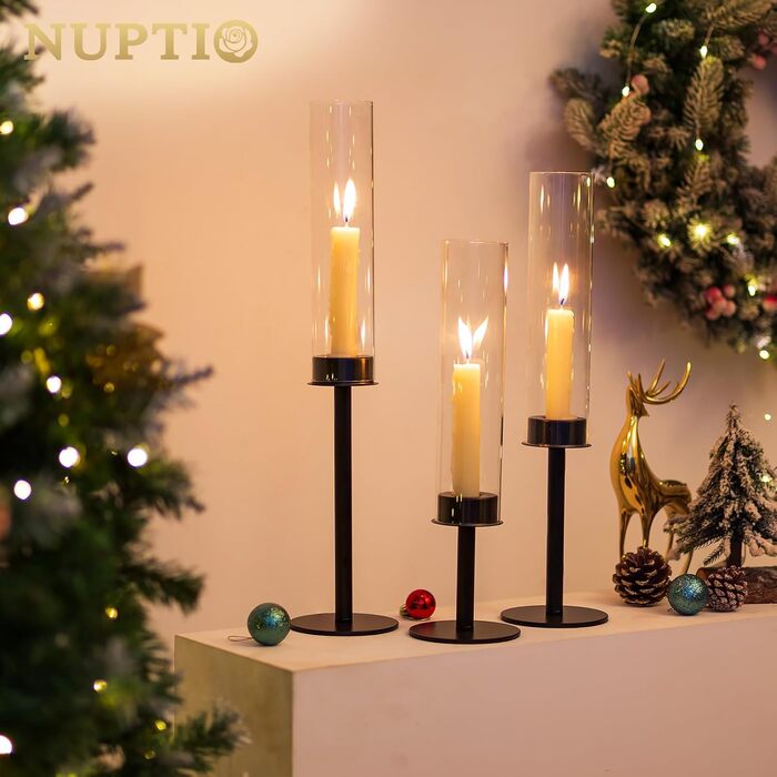 NUPTIO скляні підсвічники-циліндри для свічок, 18 шт. (48/41/35 см), чорний метал, декор для весілля, вечірки, столу, вітальні
