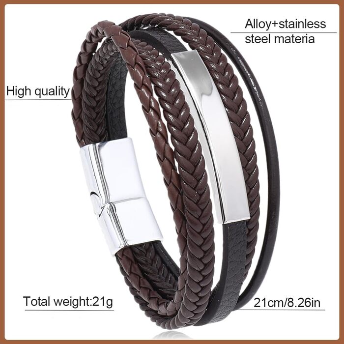 Чоловічий браслет з натуральної шкіри, плетений, широкий, з магнітною застібкою (чорний, коричневий)