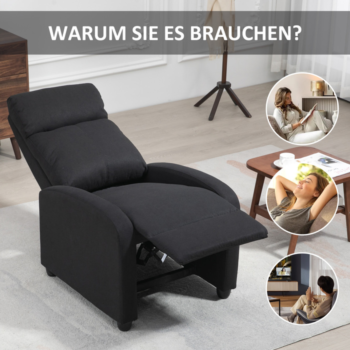 HOMCOM Reclining TV Chair with Lie-Flat Function, Linen-Look, Padded TV Chair with Footrest, for Living Room, Bedroom, Black | Aosom