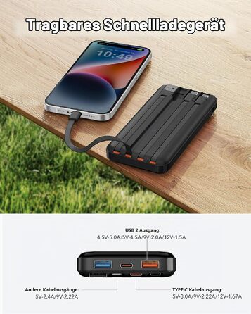 Повербанк Charmast 20000 mAh з вбудованими кабелями, швидка зарядка 22.5W, чорний