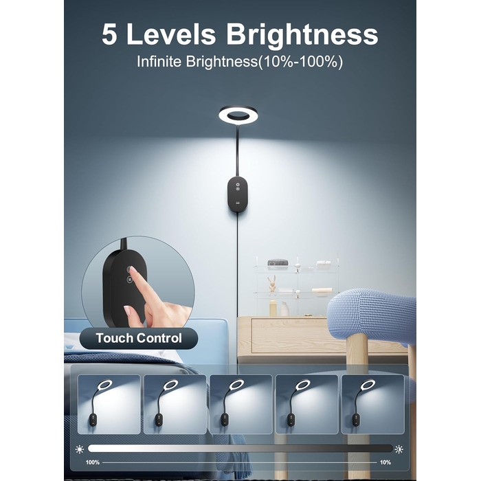 Світлодіодна настільна лампа для читання з USB, 10W, 4 режими кольору, димування, функція автовимкнення, чорна