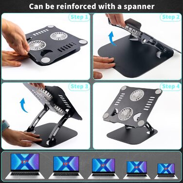 Регульований підставка для ноутбука з RGB вентилятором, алюмінієвий, чорний. Сумісна з MacBook та ноутбуками 10-17'