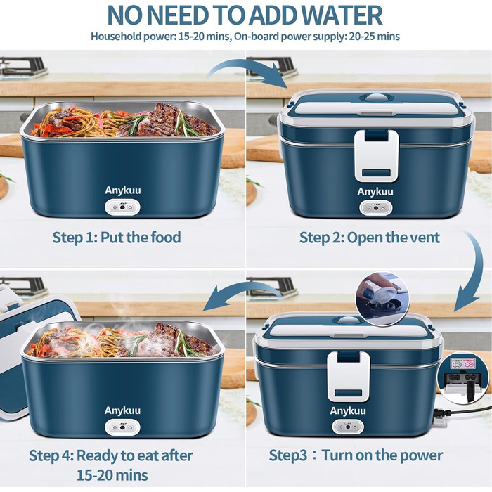 Електрична ланчбокс 1,8л 100W 3-в-1 з підігрівом 12V/24V/220V для авто/офісу/дому (з виделкою та ложкою, блакитна)