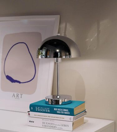 Mokebo® LED настільна лампа бездротова, акумуляторна, з регулюванням яскравості та USB-C, 'The Lighthouse', вінтажна лампа-горщик, грибний світильник та настільна лампа кольору тауп, метал, з батареєю, тепле біле світло, сріблястий колір